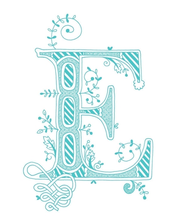 Hand drawn monogrammed print, 8x10, the Letter E, in the color blue