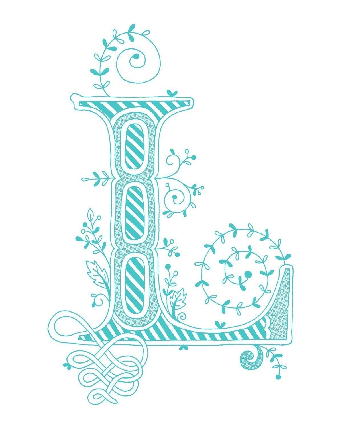 Hand drawn monogrammed print, 8x10, the Letter L, in the color blue