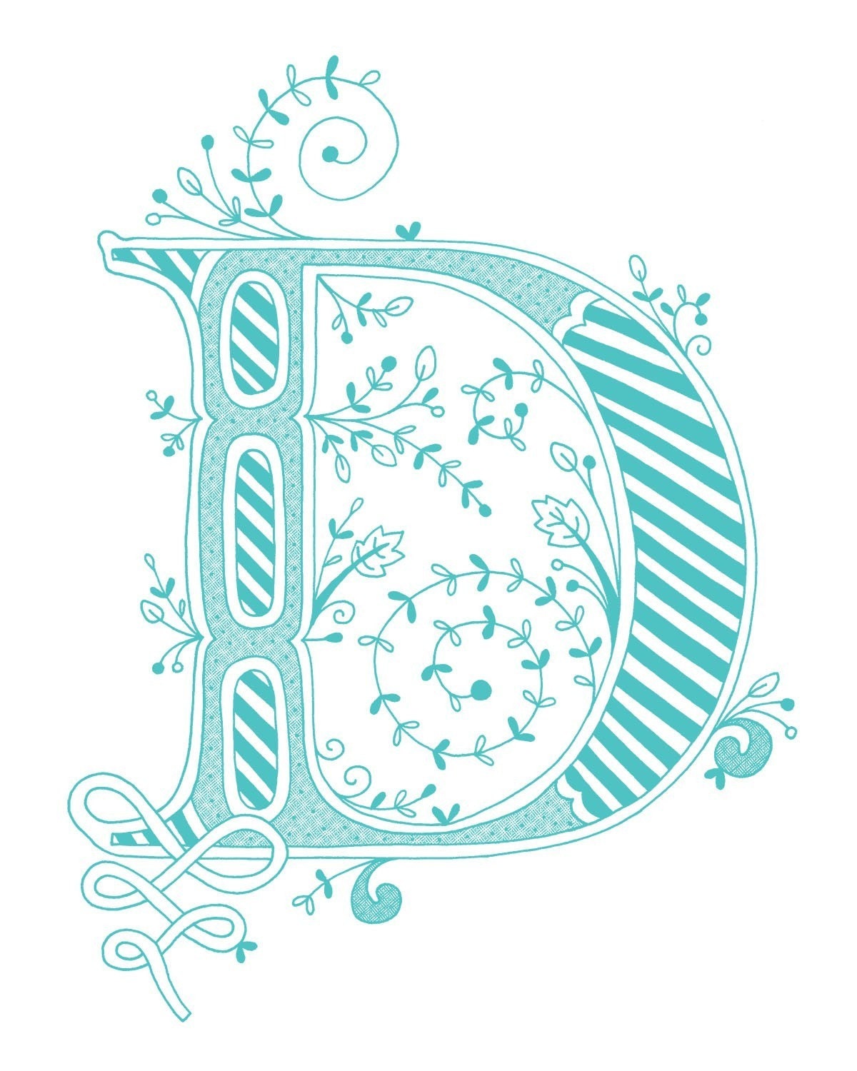 Hand drawn monogrammed print, 8x10, the Letter D, in the color blue