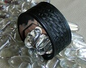 Wide Black Leather Tooled Wristband