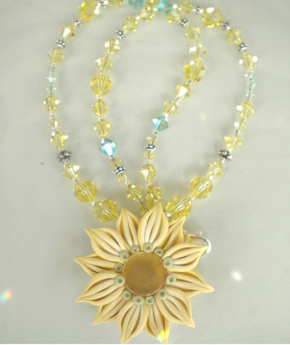 Necklace Jonquil Mint Swarovski Crystals w Floral Pendant