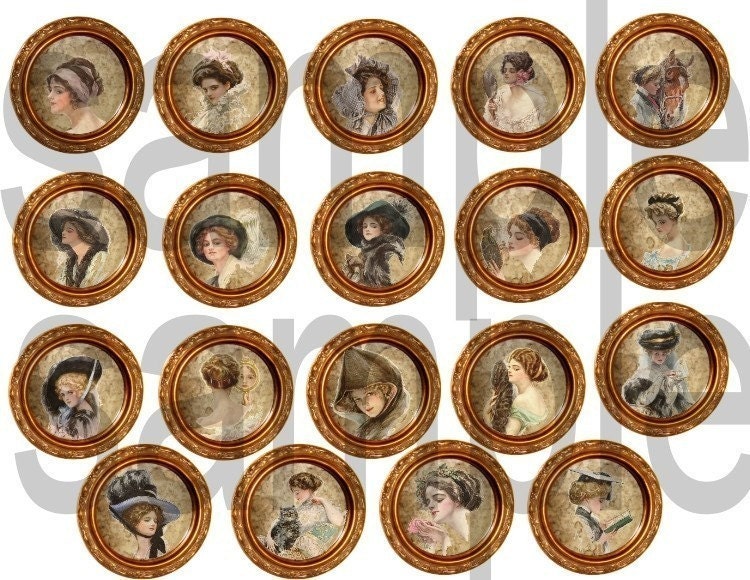 Vintage Harrison Fisher Beauties Framed... 19 2 inch Circles for Charms Digital Collage Sheet