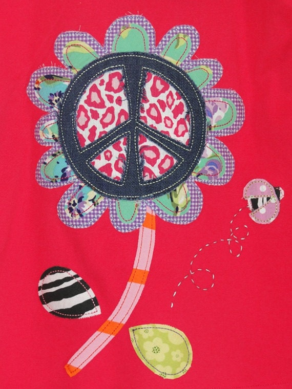 Personalized Fuchsia Light Weight Hoodie with Flower on Front and Flower Peace Sign and ladybug on Back with Elbow Patches