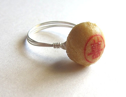 Custom Double Happiness Cookie With Silver Wire Wrapped Ring Miniature Food Any Size Chinese Asian Pastry