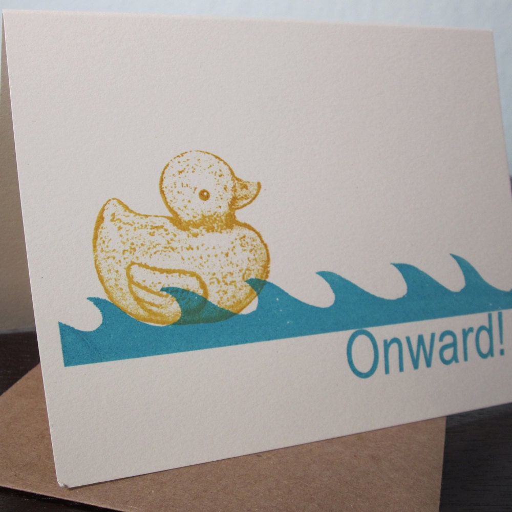Onward Rubber Ducky and Waves - Gocco Screen-Printed Art Card