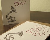 Record Player and Hearts Cards - Letterpress Printed Card 12-Pack