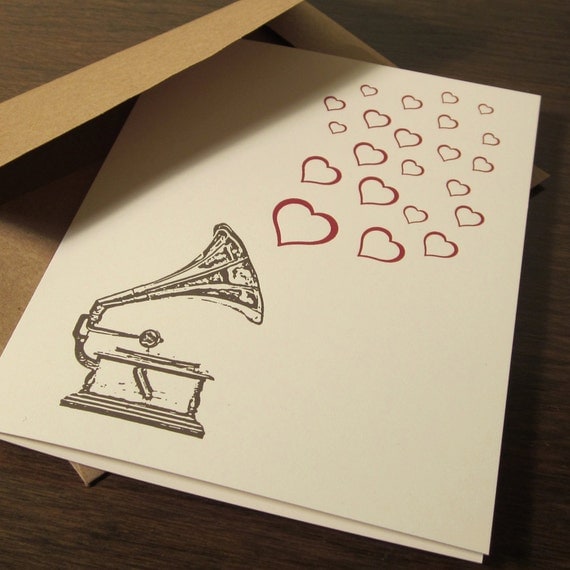 Record Player and Hearts - Letterpress Card