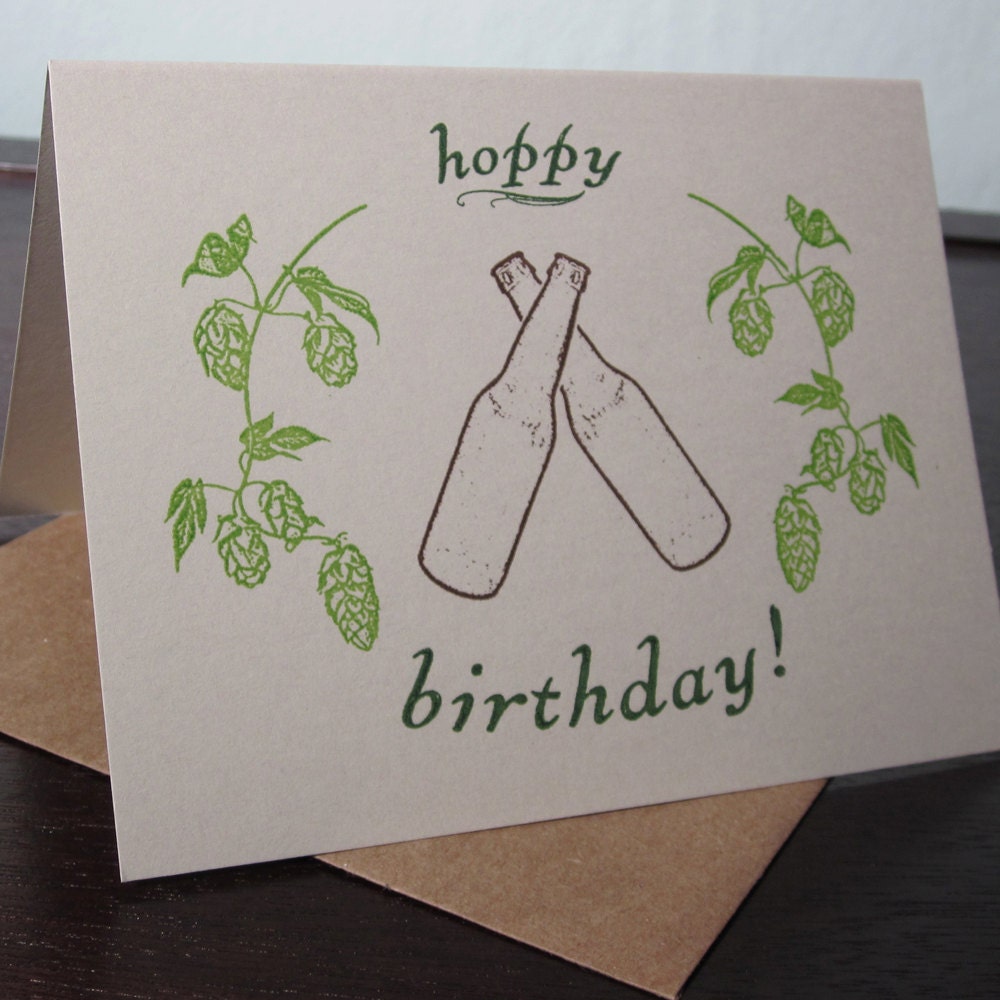 Hoppy Birthday - Beer and Hops Gocco Screen-Printed Happy Birthday Card
