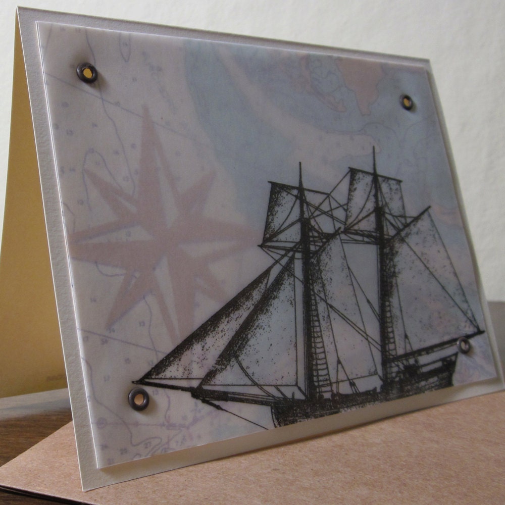 Anchors Aweigh Nautical Map and Ship- Gocco Screen-Printed Card with Vellum