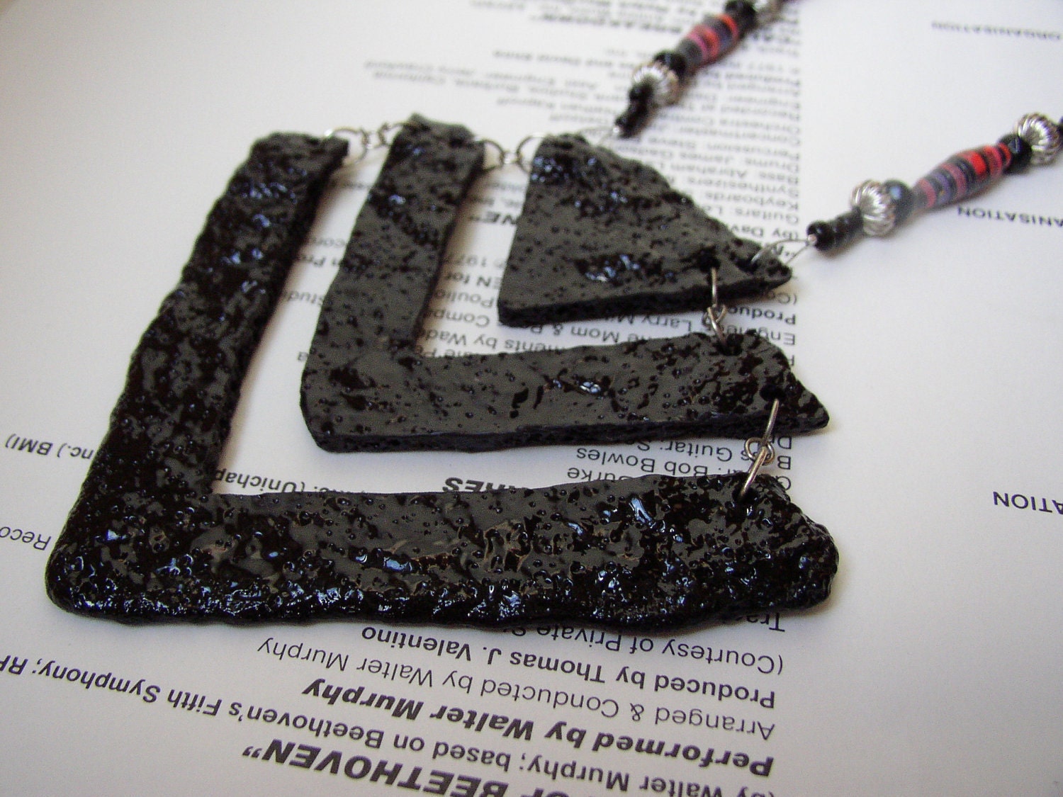 Chevron Statement Necklace,recycled vinyl record and handmade paper beads.