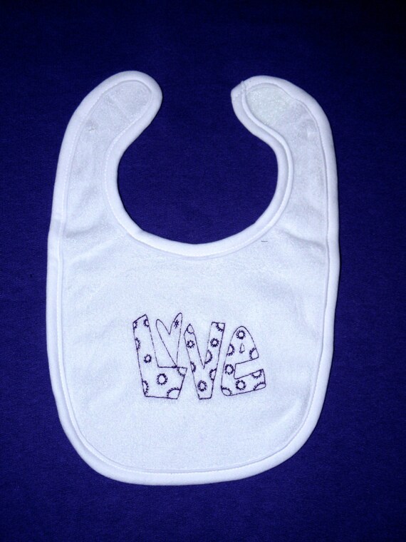 LOVE Redwork embroidered on a White baby bib  with Purple thread Polka Dot Heart for Infant or Toddler