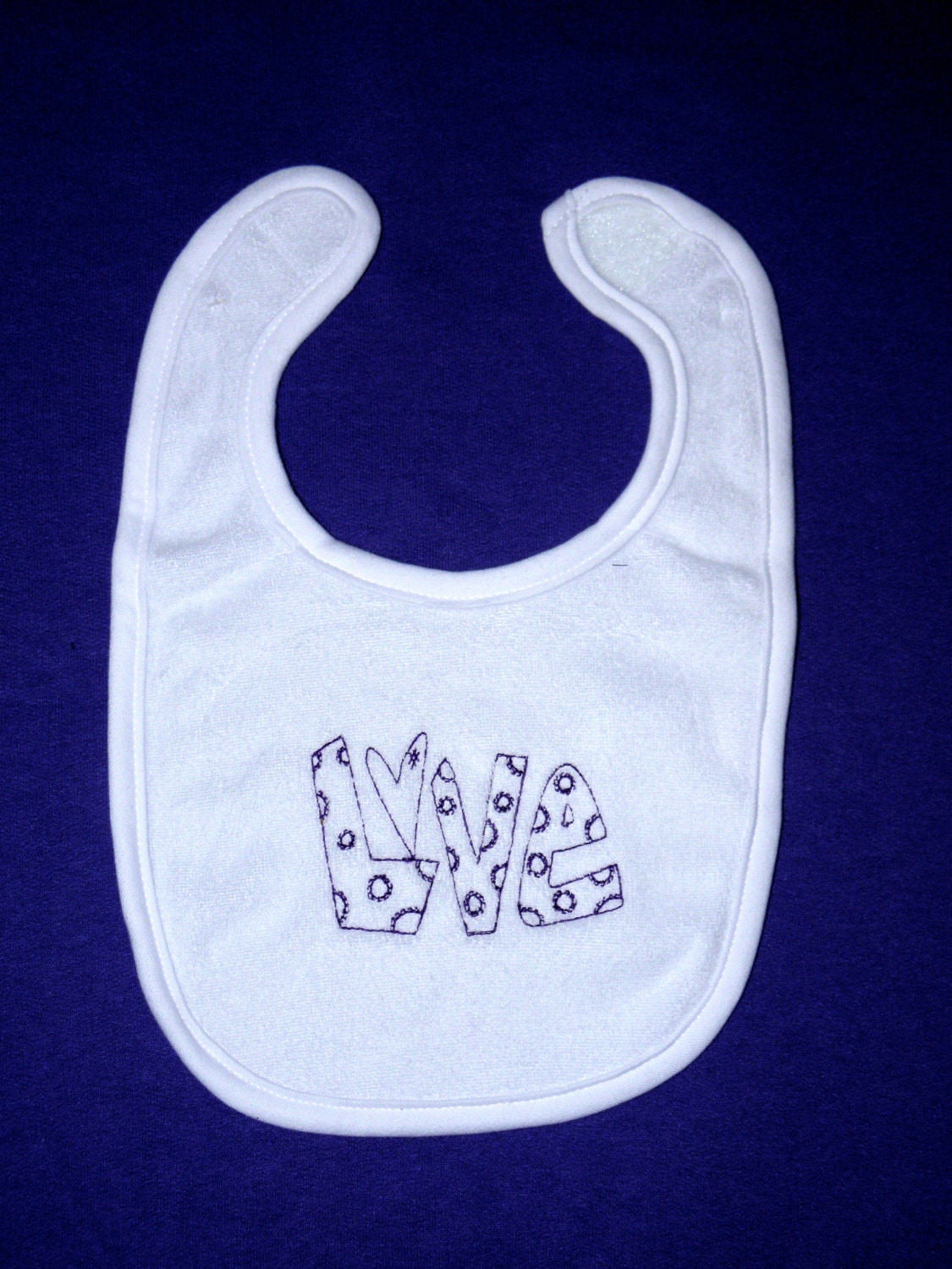LOVE Redwork embroidered on a White baby bib  with Purple thread Polka Dot Heart for Infant or Toddler