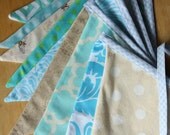 Surprise Aqua and Beige Flag Banner, 9 Foot Long Garland Bunting, Large Flags, Party Decoration, Photo Prop.  Designer's Choice.