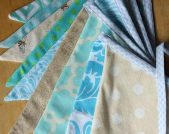 Surprise Aqua and Beige Flag Banner, 9 Foot Long Garland Bunting, Large Flags, Party Decoration, Photo Prop.  Designer's Choice.