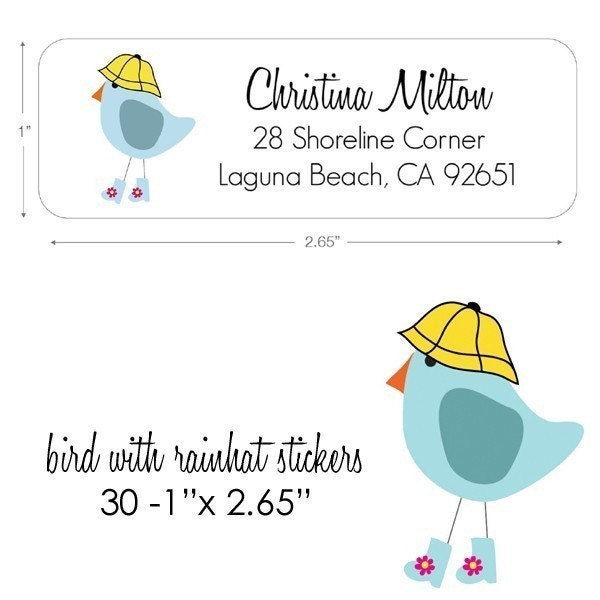 Personalized Bird with Rain Hat and Boots Stickers, Address Labels - Set of 30
