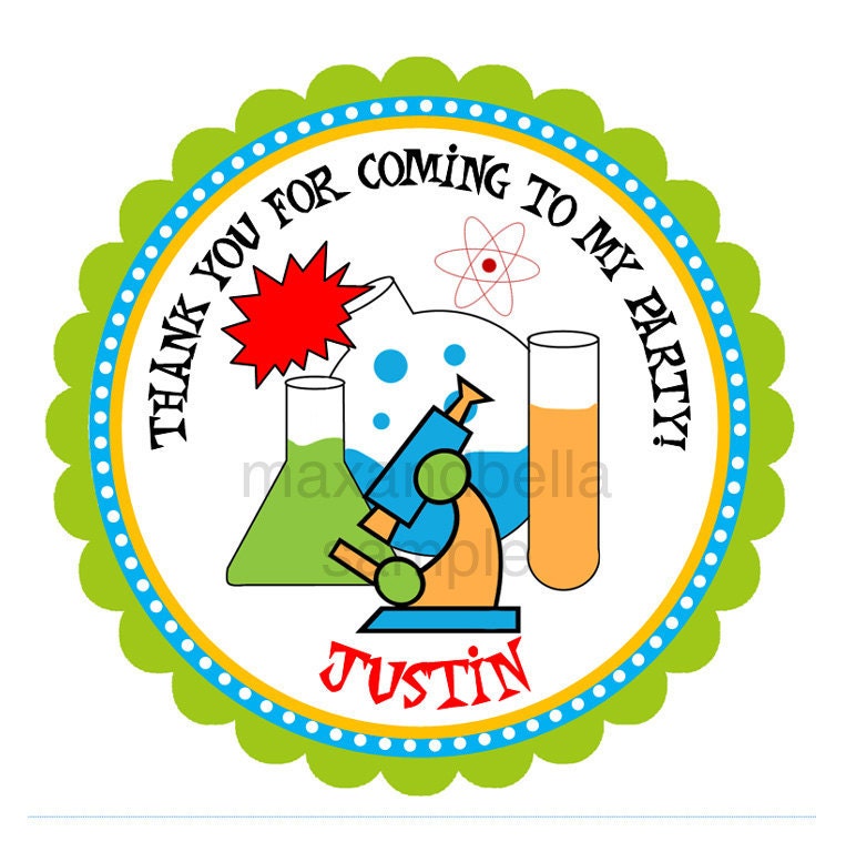 Mad Science Personalized Stickers, chemistry, birthday, children, scientific, party favor, gift tag, explosion, labels  - Set of 12