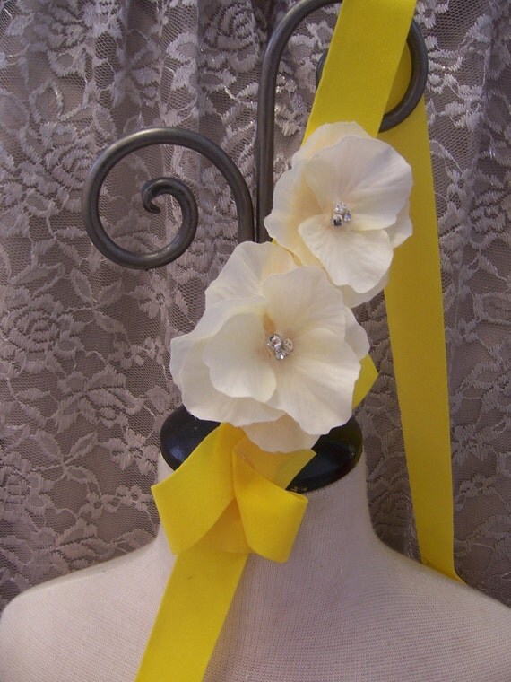 Yellow and Flower Headband or Flower Girl Sash