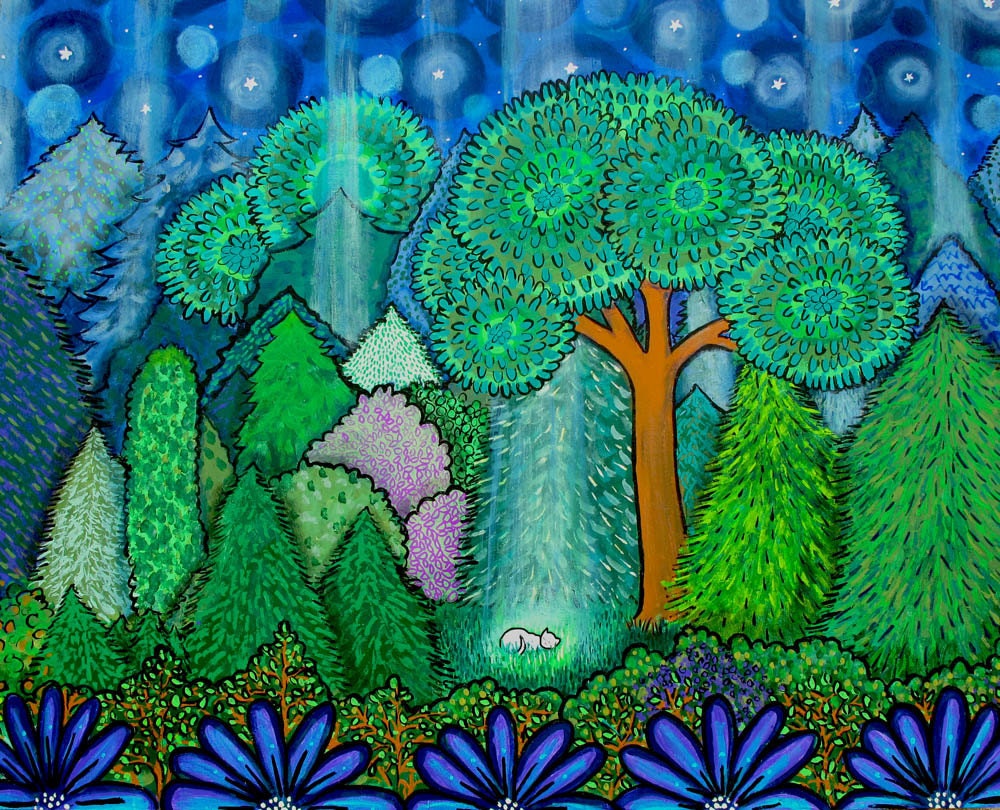 White Cat in Starlight Forest Print Magical Night