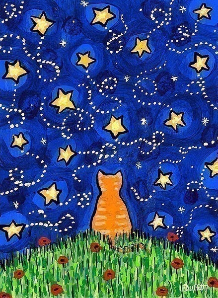 Orange Tabby Cat Looking at Starry Night Sky , All Is Well, print by Shelagh Duffett