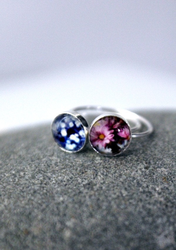 Petite Pair of Floral Polaroid Photo Simple Stacking Rings - Sterling Silver, 8mm, Custom Sized - Spring Bouquet (Made to Order)