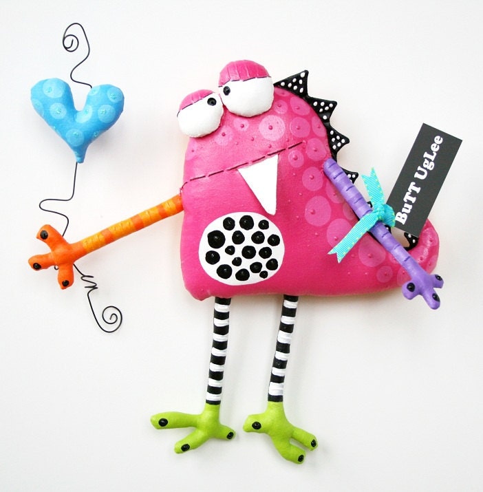 MonsTer named Jonathan holding blue HearT ... Whimsical WaLL ArT ... BuTT UgLee ... Fushia polka dots