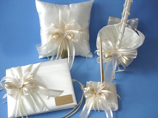 Butterfly Wedding Accessories, Ivory Guest Book, Pen, Ring Bearer Pillow and Flower Girl Basket with Personalized Engraving
