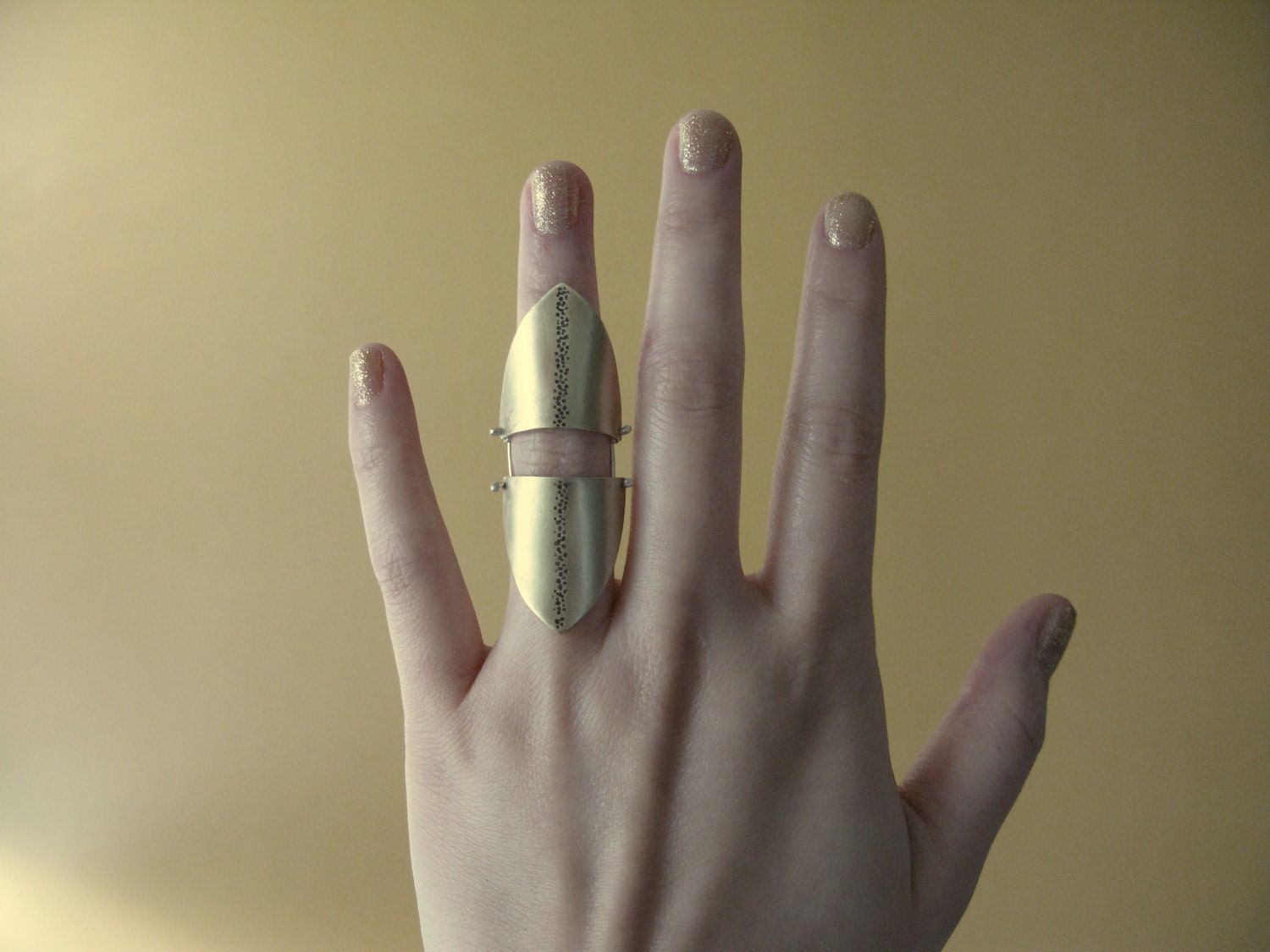 Brass Articulated Finger Armor - jointed ring with hand-stamped pattern
