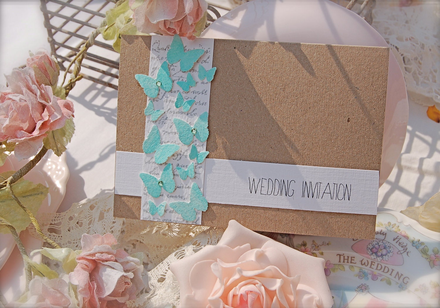 Summer Butterflies Handmade AMELIE  Eco friendly wedding invitation with RSVP turquoise tiffany blue colors