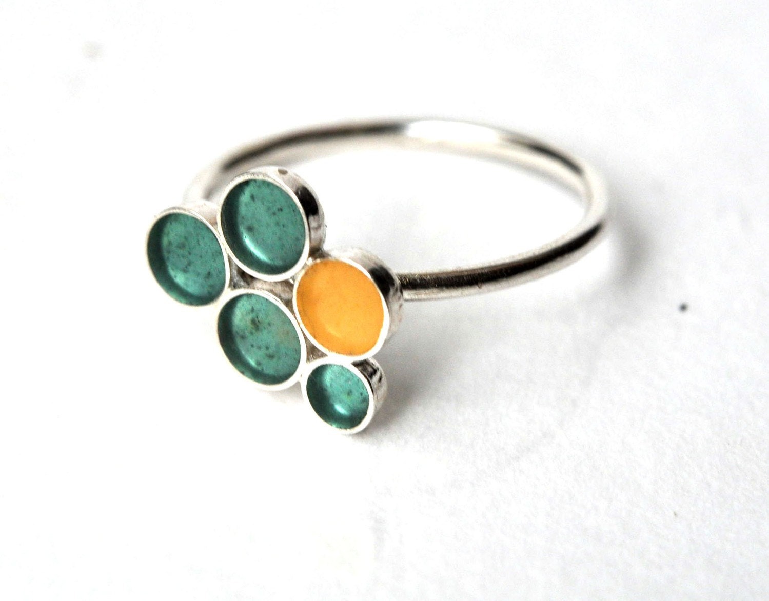 Green and Yellow Resin Sterling Silver Bubble Ring