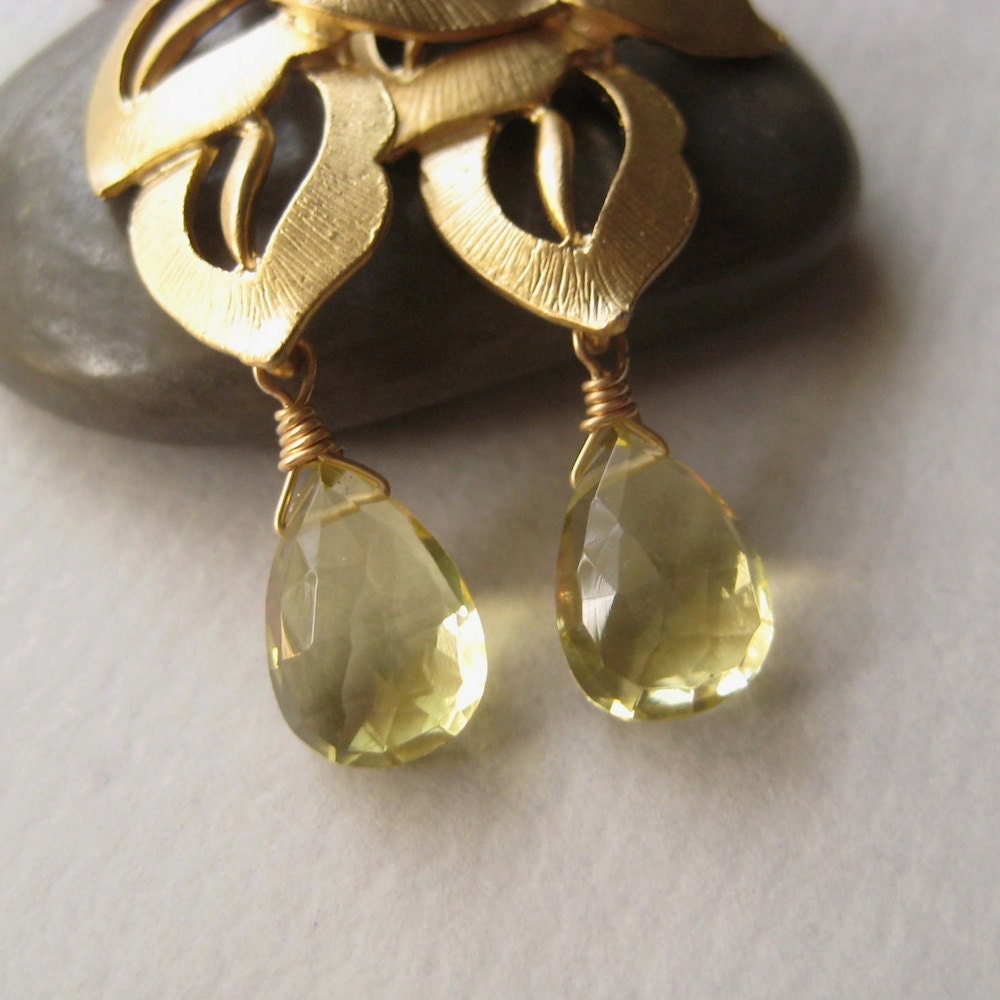Lemon Quartz Earrings, Faceted Gemstone Briolette Earrings, Yellow Quartz Earrings, Gold Leaf Earrings, Under 50,