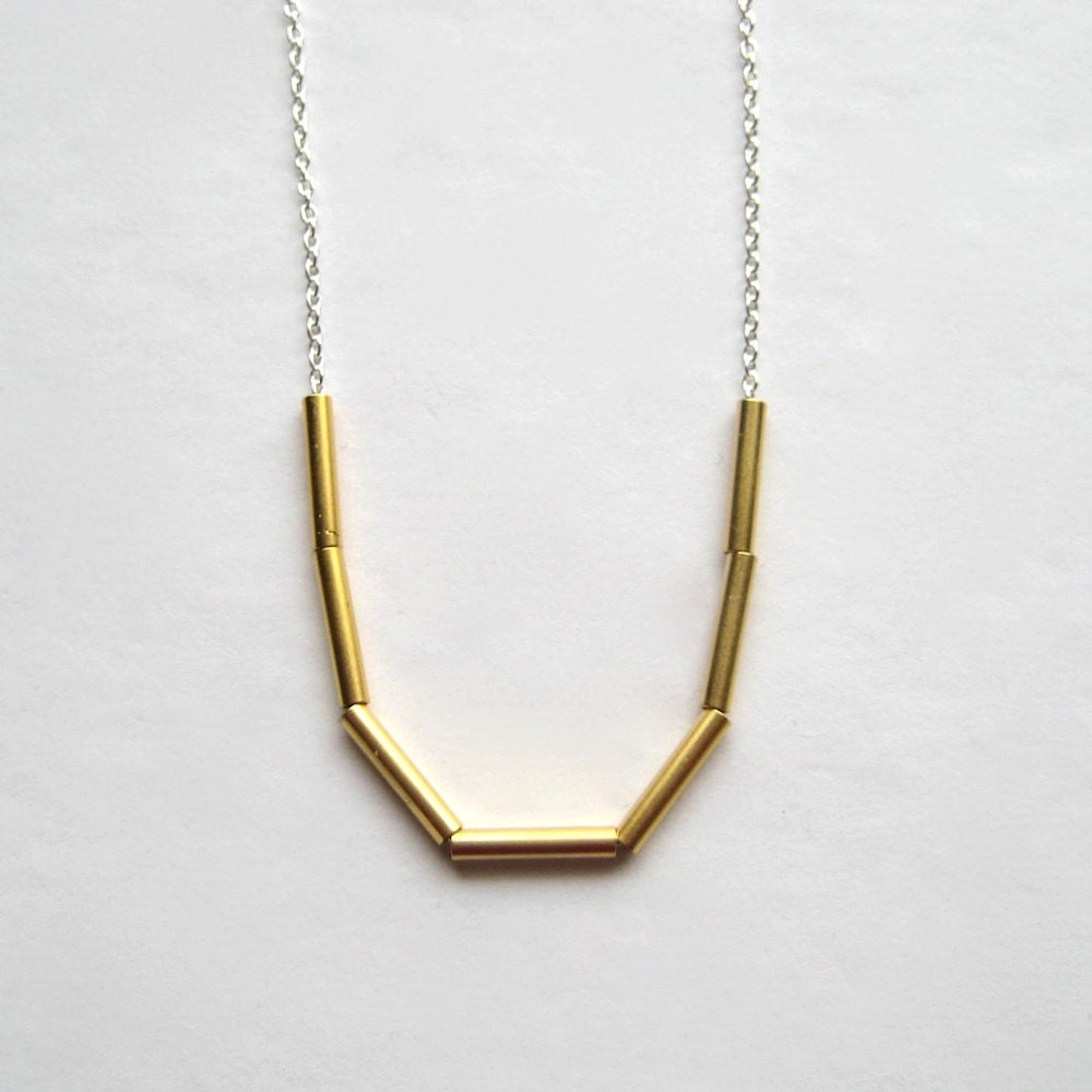 Vintage Brass Necklace, Vintage Brass Tube Sterling Silver Chain Necklace