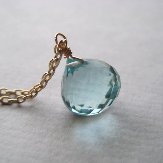 Blue Quartz Necklace, Faceted Briolette Necklace, Gemstone Gold Fill Necklace, Aqua Aquamarine Necklace, Under 50