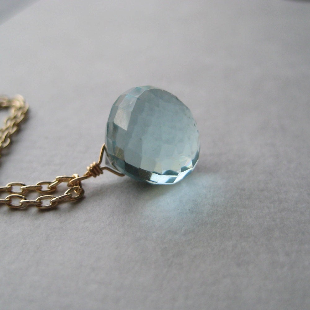 Blue Quartz Necklace, Faceted Briolette Necklace, Gemstone Gold Fill Necklace, Aqua Aquamarine Necklace, Under 50