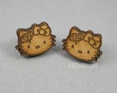 Zombie Kitty Cat Stud Wood Earrings