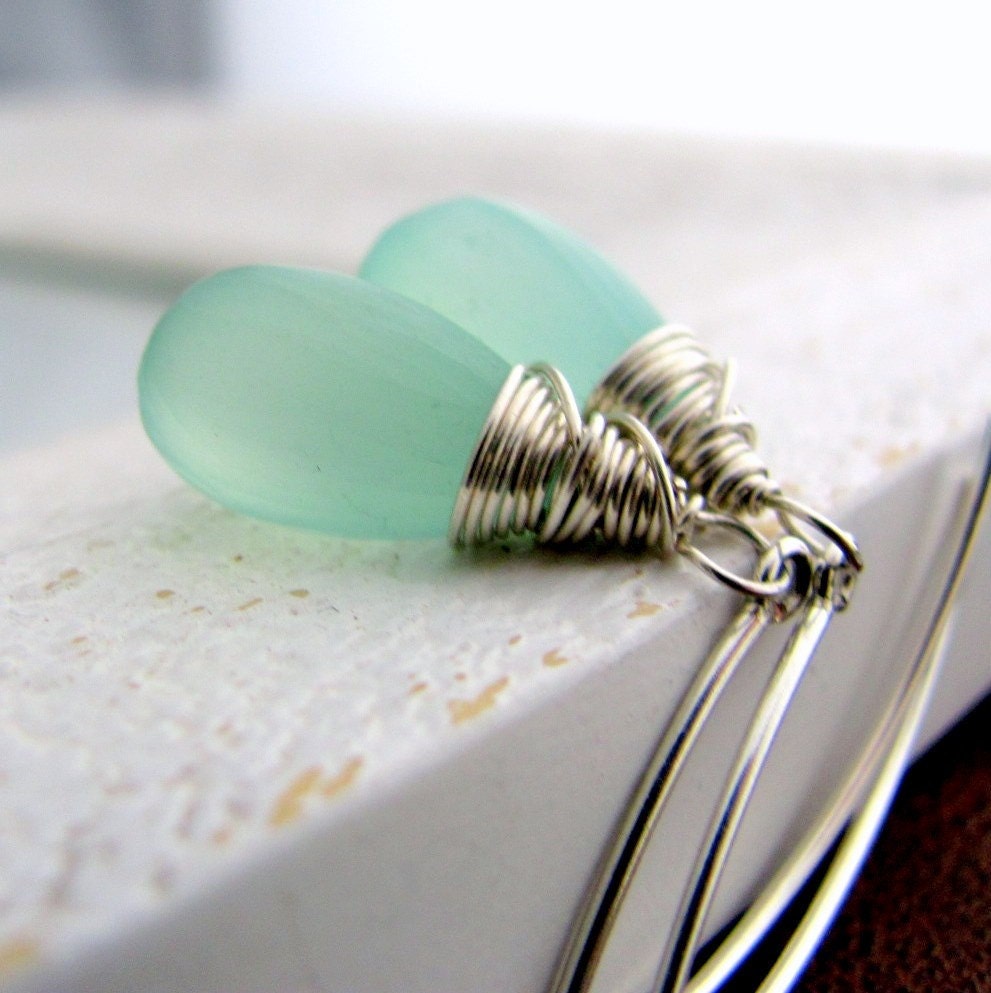 Frosted seafoam green chalcedony earrings sterling silver - littlebugjewelry