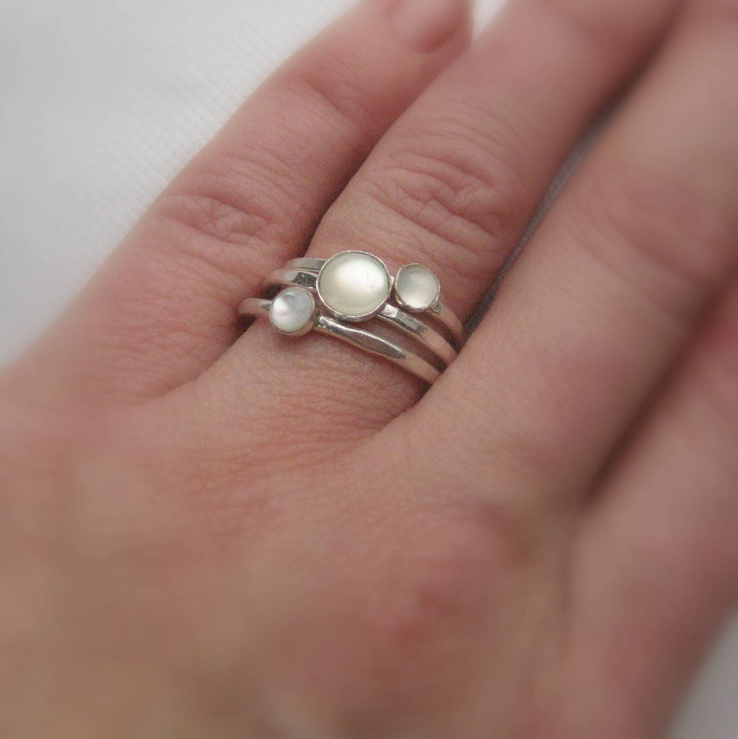 Stacking rings white moonstone mother of pearl sterling silver ring set of 3 custom made