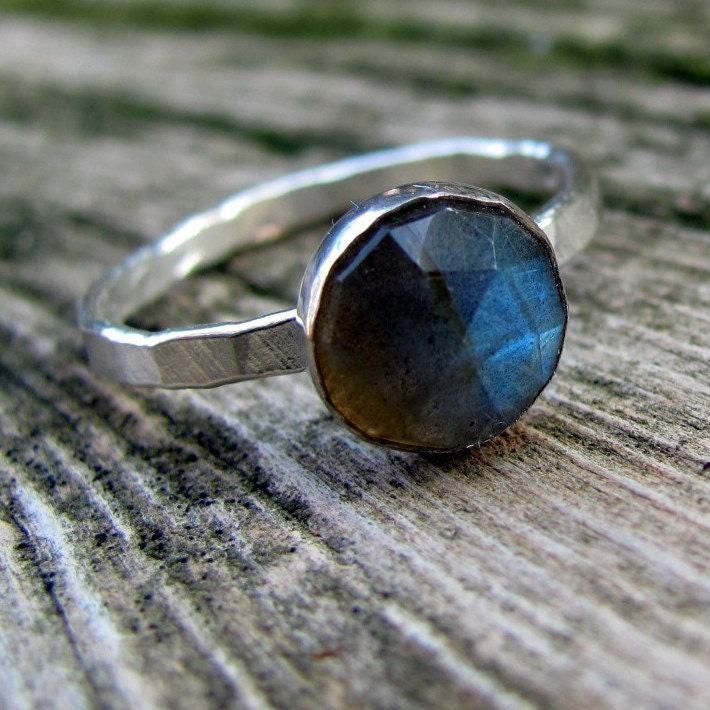 labradorite ring solitaire stacking ring sterling silver hammered band Custom made