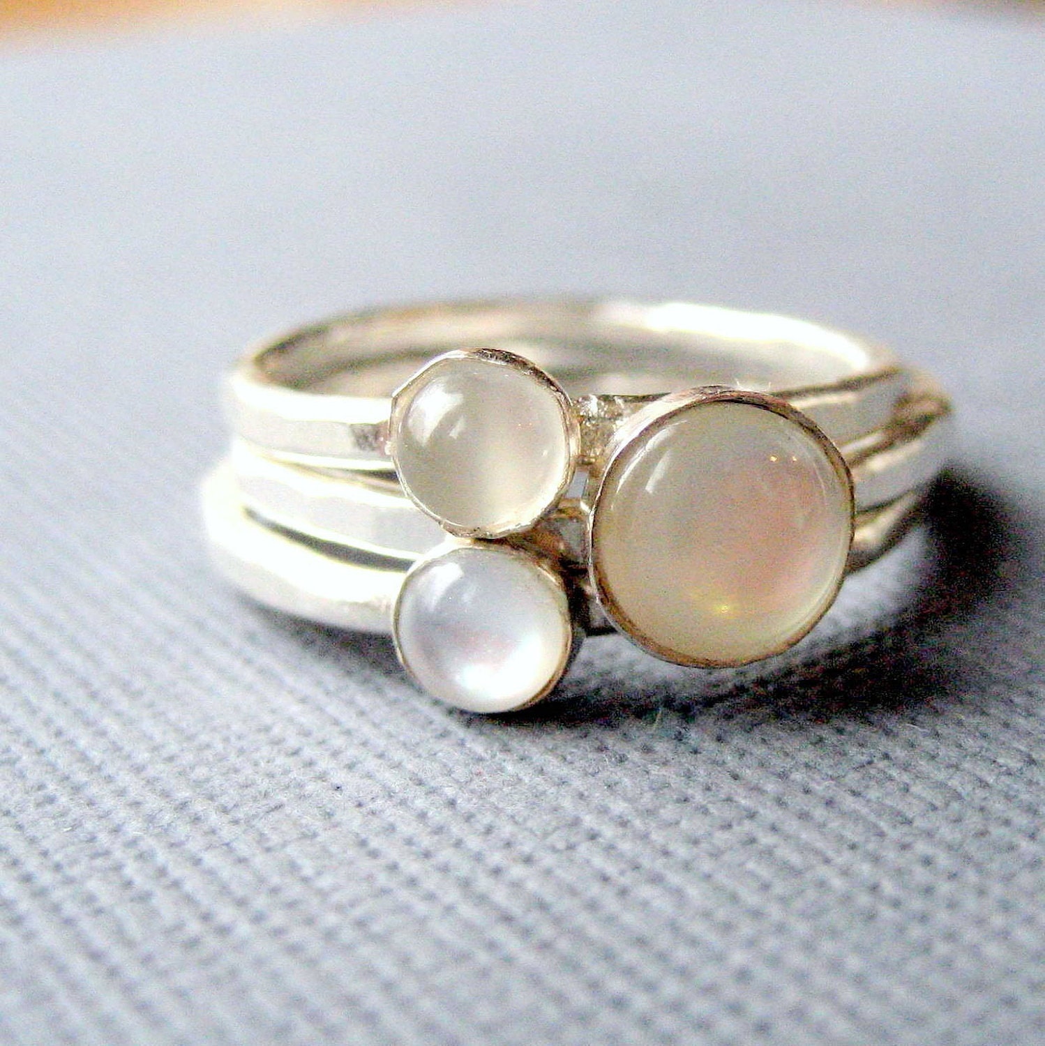 Stacking rings white moonstone mother of pearl sterling silver ring set of 3 custom made