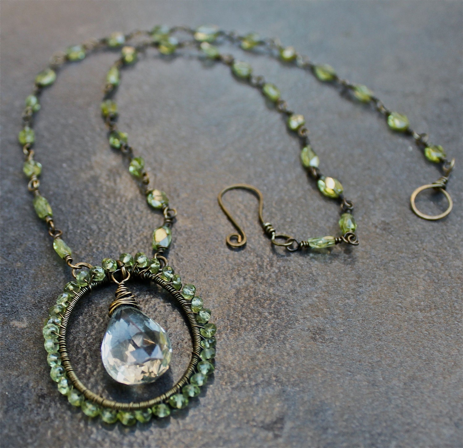 Elegant Peridot and Quartz Teardrop Wire Wrapped Necklace