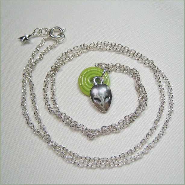 CLEARANCE - We Come In Peace - alien visitor silver charm glass bead necklace