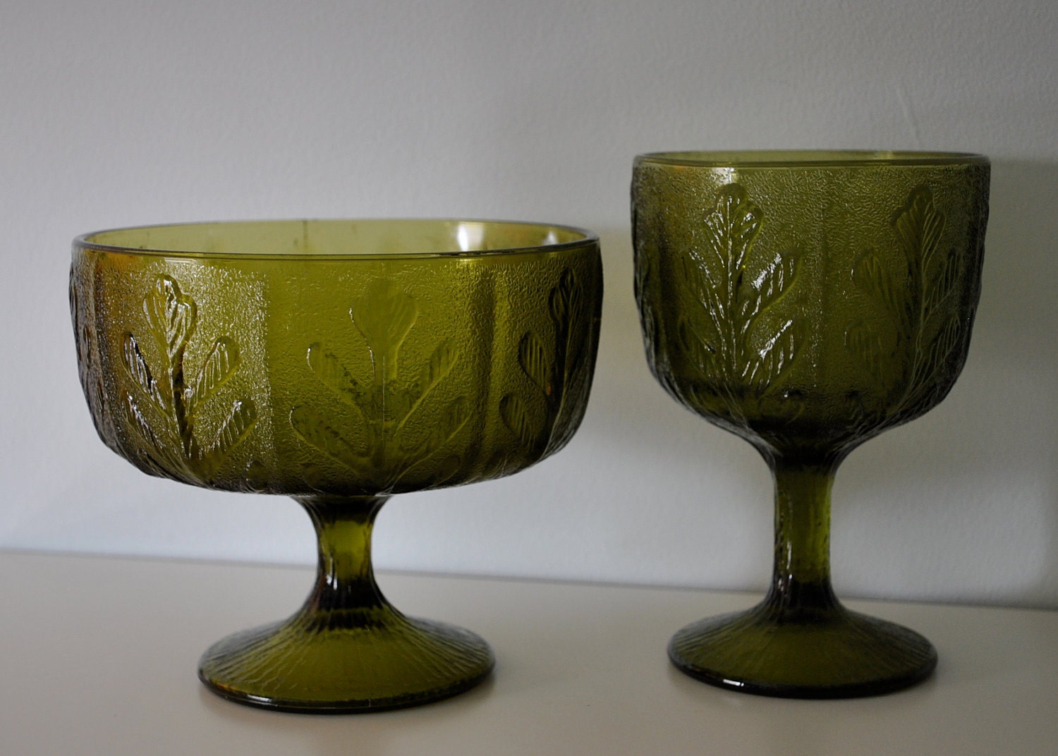 Textured Green Glass Bowls. Set of 2. Serving, Storage, Fall, Home Decor, Wedding Decor