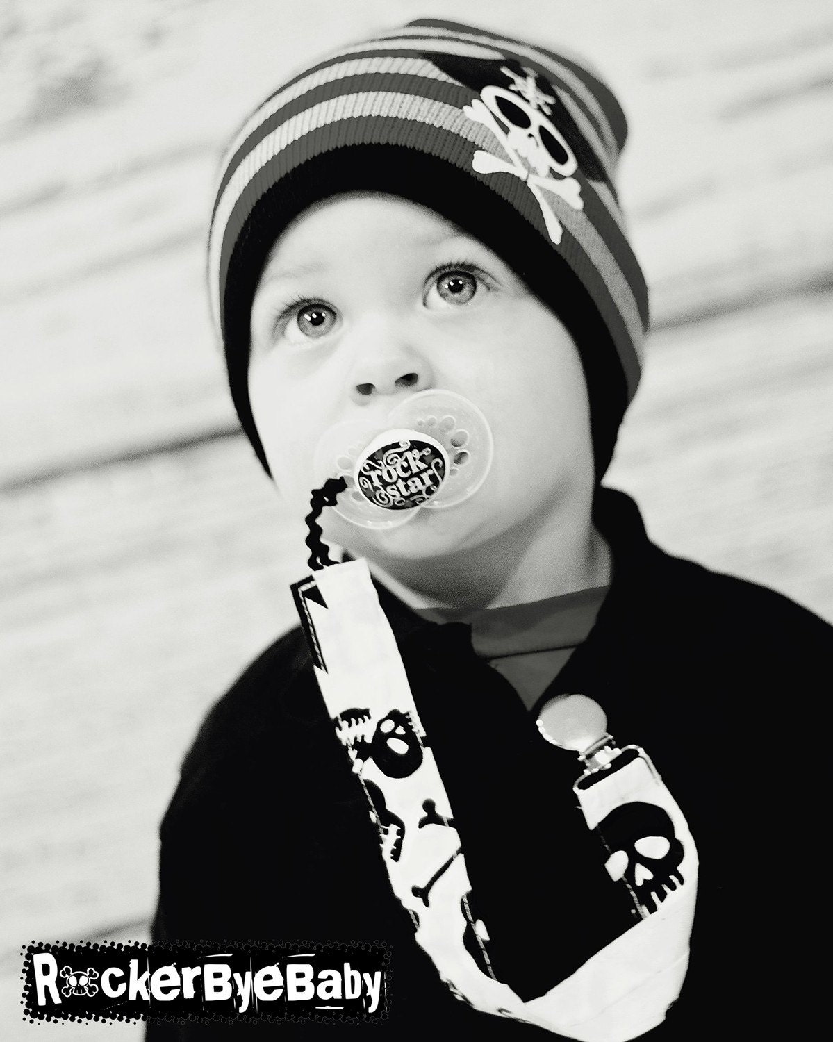 CUstom Pacifier Clip with your choice of fabric as well as a loop or pearl snap for the closure punk baby skull guitar