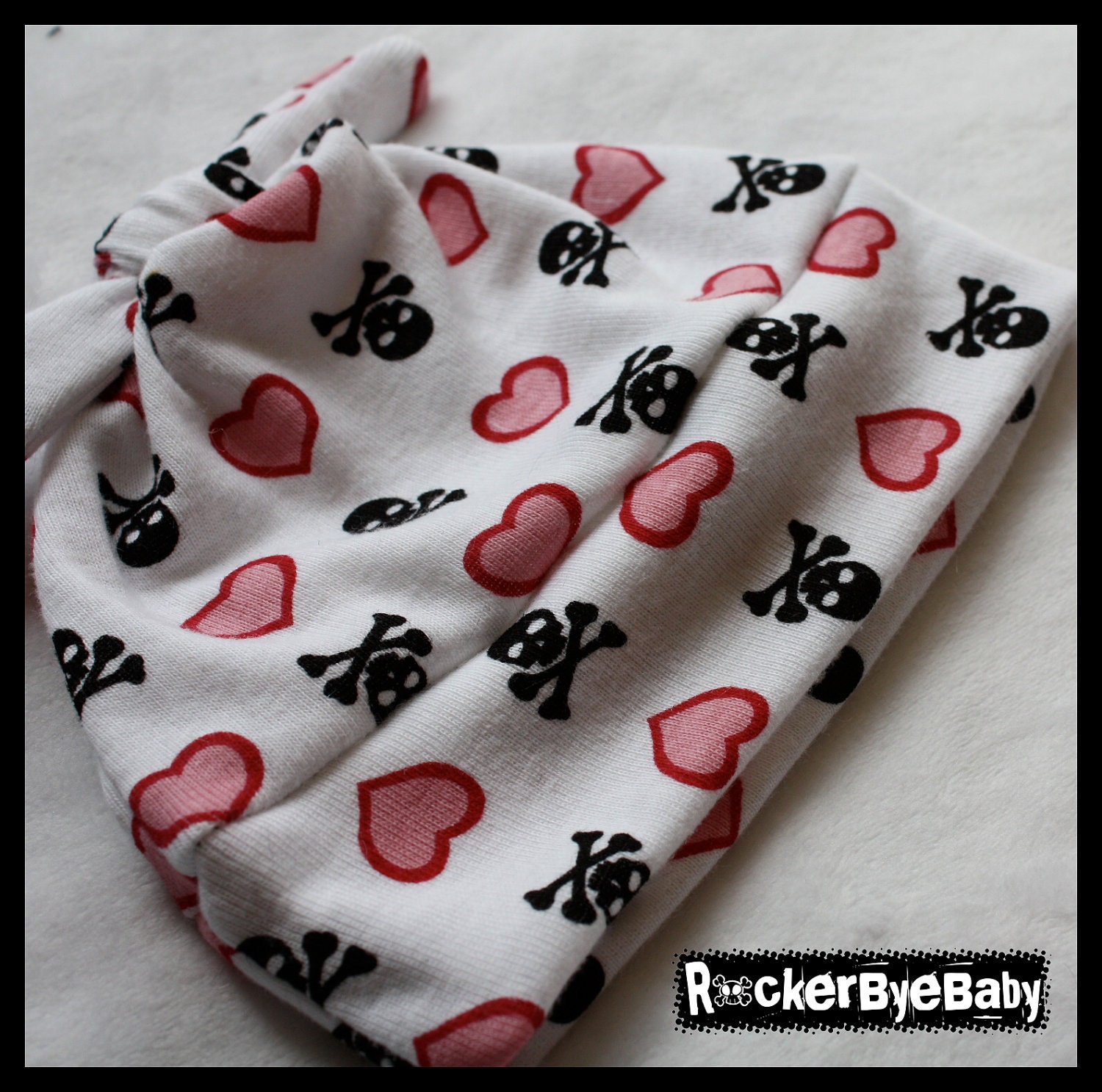 RockerByeBeanies Newborn Baby girl knit skull cap hat beanie Pink and White Hearts and Skull and crossbones