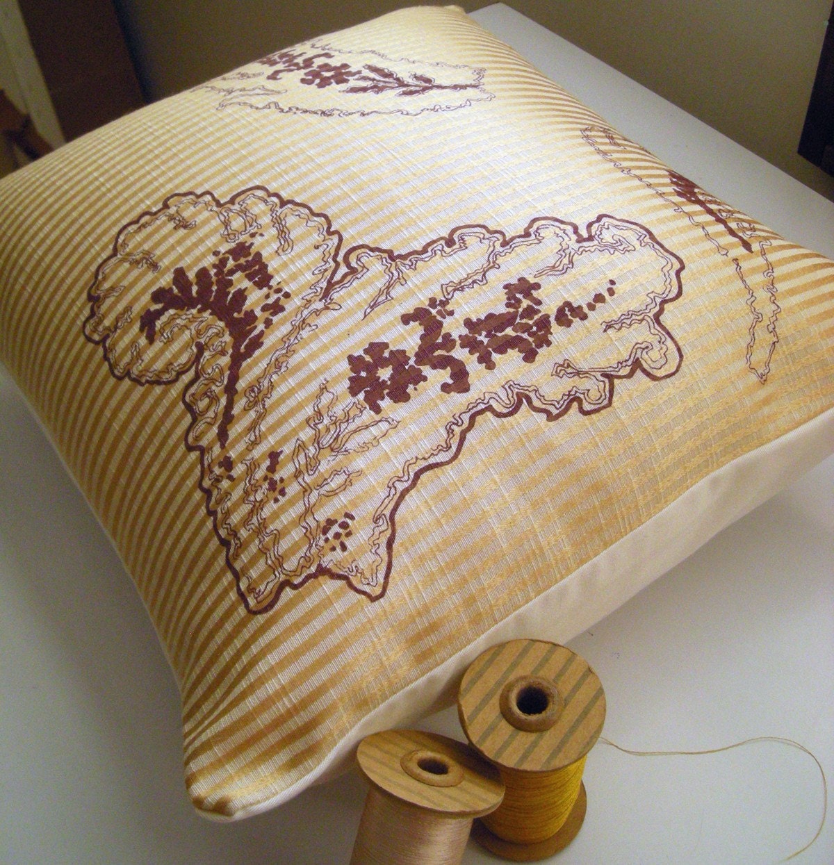 Screenprinted  Decorative Pillow Cover - Cushion Cover - Gold and Khaki Stripes - Stylized Floral - 16" x 16"
