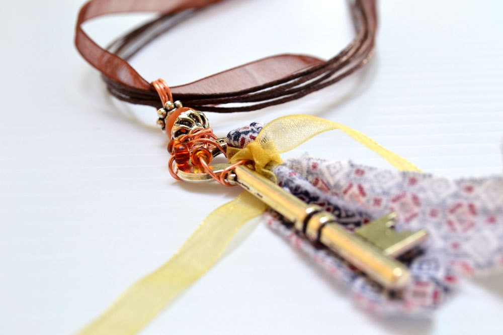 Brown blue - Key Skeleton Pendant with Free Ribbon Necklace . Free shipping .