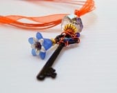 Key to my heart . Romantic . Orange Blue Pendant Necklace by BululuStudio on Etsy . Free Ribbon Necklace