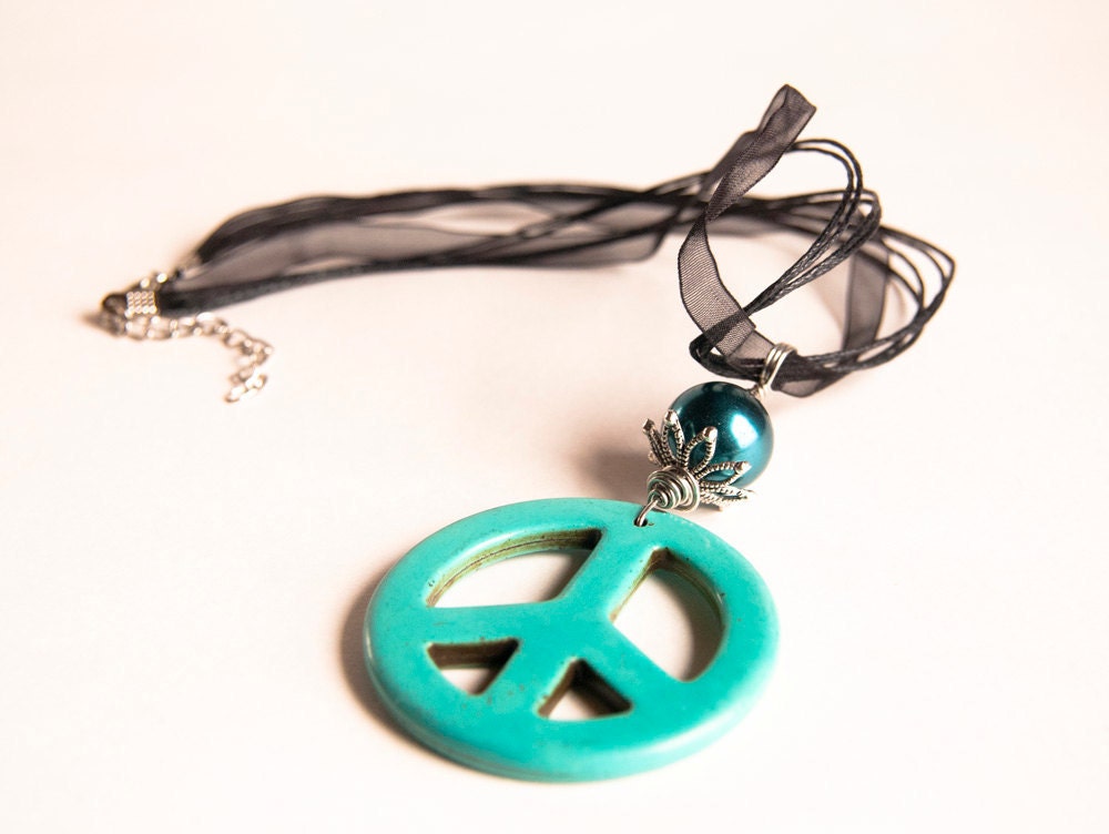 Chunky big Peace Sign. Turquoise. Teal. Gemstone wire wrapped Pendant. Free Organza Ribbon. Spring Summer Collection