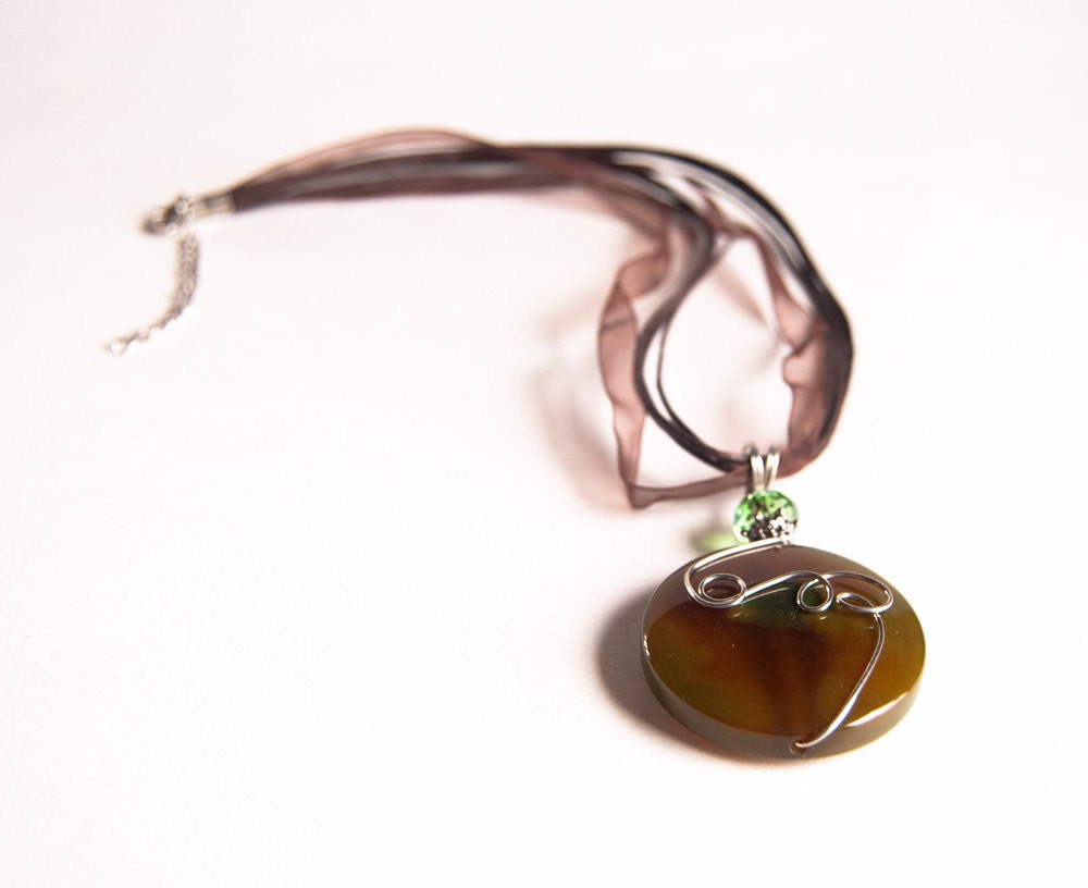 Chocolate Brown Round Agate Gemstone. Swirls Wire Wrapped Pendant . Spring Summer . Gothic. Twilight. FREE Ribbon Nec