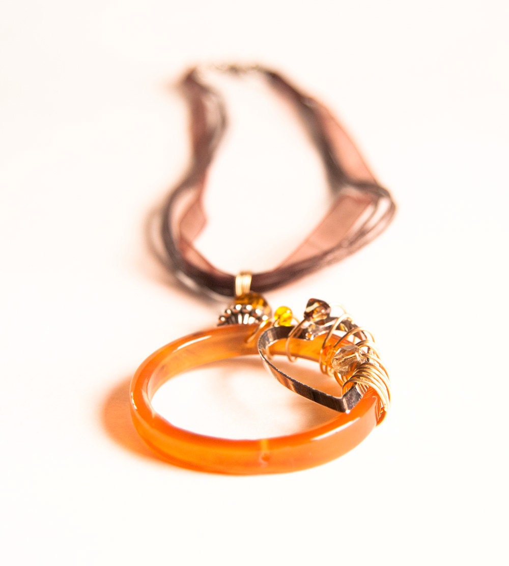 Honey Caramel Brown. Agate Gemstone. Whimsical Swirls. Heart Summer Pendant. Free Ribbon Necklace Handamde by Bululu Studio