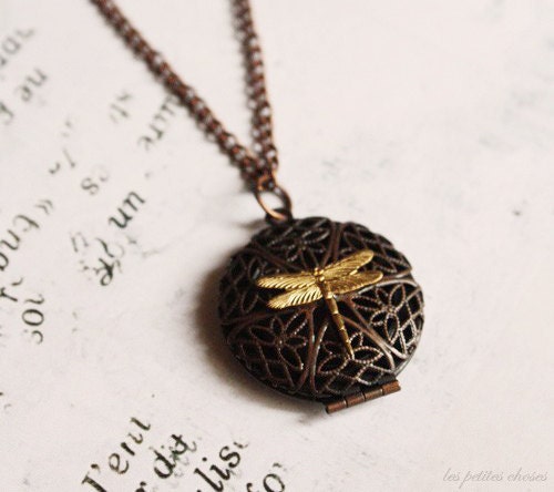 Dragonfly Memories - Vintage Inspired Locket Necklace, Bohemian Jewelry